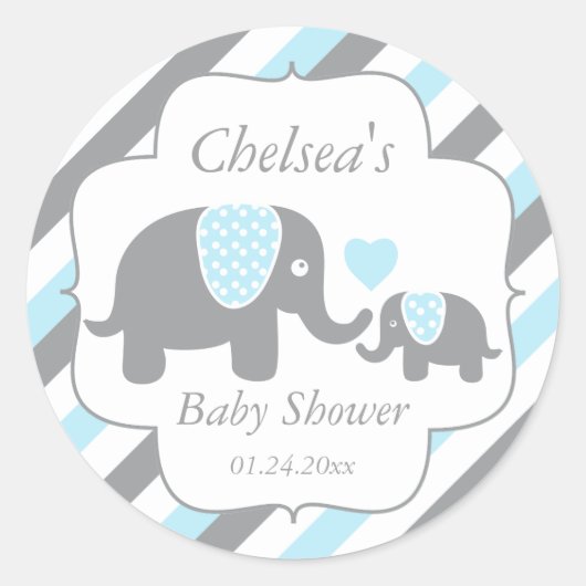 Sticker Rond Baby shower Eléphants blanc, bleu et gris (Devant)