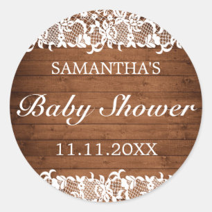 Sticker Rond Baby shower en bois rustique et dentelle blanche