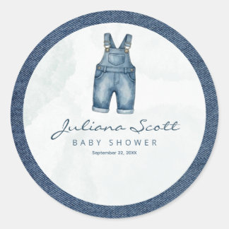 Sticker Rond Baby Shower en Denim Bleu Aquarelle