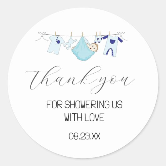 Sticker Rond Baby shower en Merci bleu Cute Favoriser (Devant)