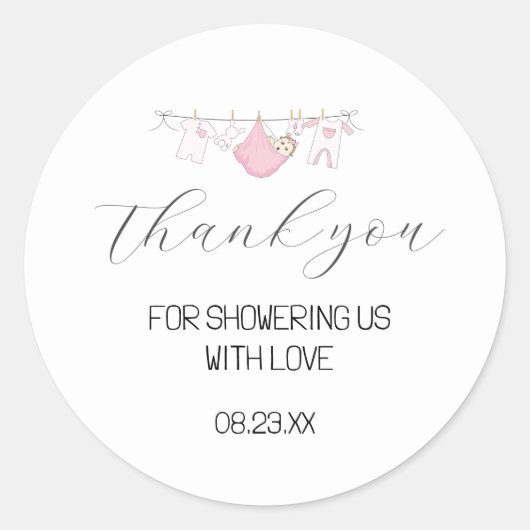 Sticker Rond Baby shower en Merci rose mou Favoriser (Devant)