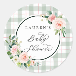 Sticker Rond Baby shower en pastel de plaid de la fleur  