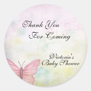 Sticker Rond Baby shower en pastel rose de Merci de papillon