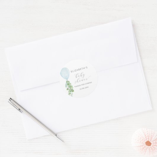 Sticker Rond Baby Shower Eucalyptus Ballon Bleu (Enveloppe)