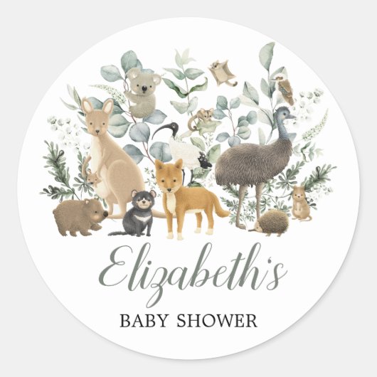 Sticker Rond Baby shower Eucalyptus d'animaux australiens migno (Devant)