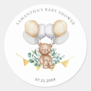 Sticker Rond Baby Shower Eucalyptus Ours et Ballons