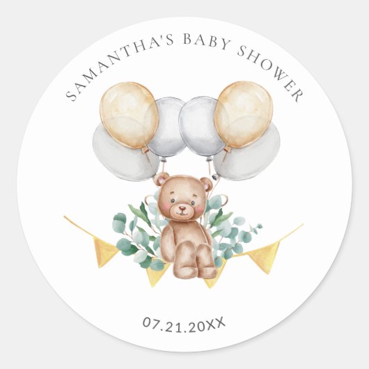 Sticker Rond Baby Shower Eucalyptus Ours et Ballons (Devant)