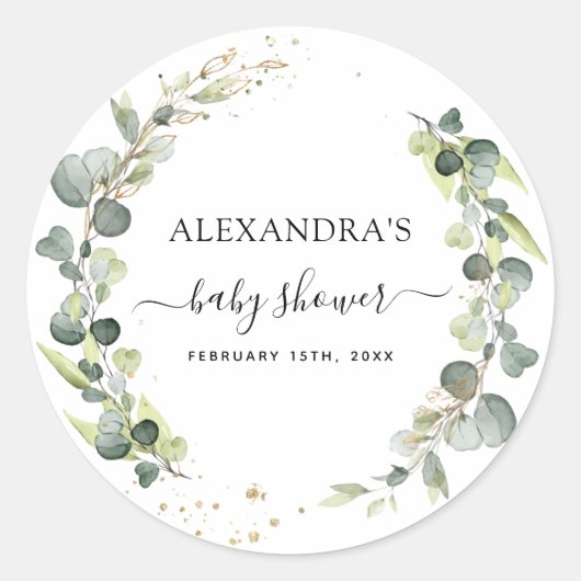 Sticker Rond Baby Shower Eucalyptus Végétal Bohème Rustique (Devant)