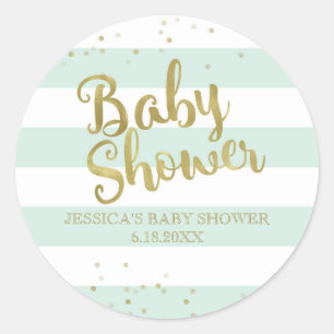 Sticker Rond Baby shower Faux Gold Foil Green Stripes Favoriser