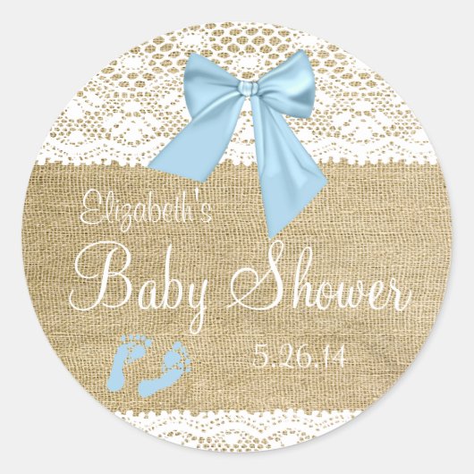 Sticker Rond Baby shower-Favoriser Burlap et dentelle avec Bow  (Devant)