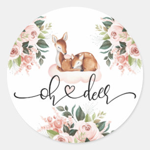 Sticker Rond Baby shower fille aquarelle Oh cerf rose floral