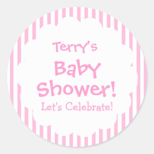 Sticker Rond Baby shower FILLE Bandes roses V8