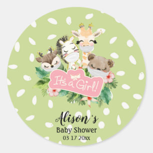 Sticker Rond Baby shower fille Cute Gold Safari animaux amis