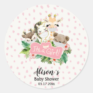 Sticker Rond Baby shower fille   Cute Gold Safari animaux amis
