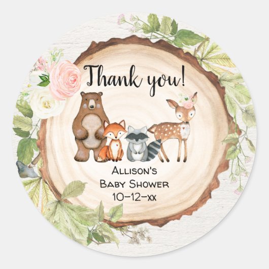 Sticker Rond Baby shower fille d'animaux rustiques de bois (Devant)