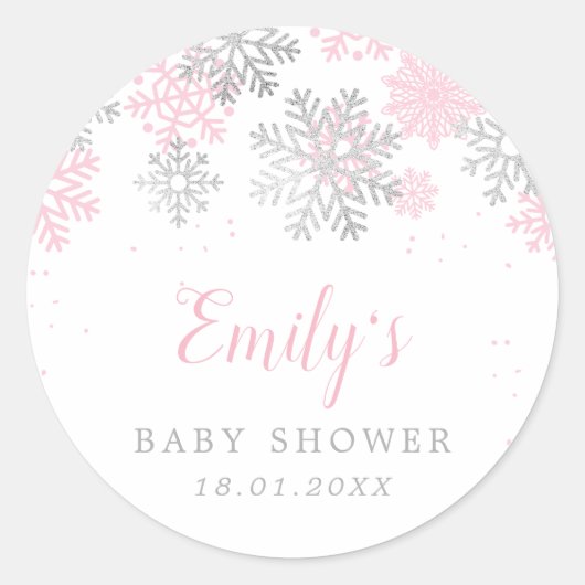 Sticker Rond Baby shower Fille D'Hiver Rose Et Argent (Devant)
