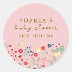 Sticker Rond Baby shower fille Fleur sauvage rose simple élégan