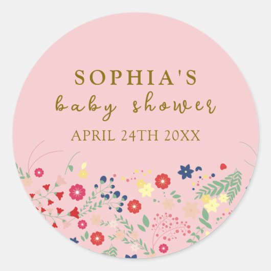 Sticker Rond Baby shower fille Fleur sauvage rose simple élégan (Devant)