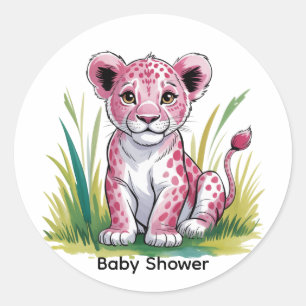 Sticker Rond Baby shower fille Lion rose