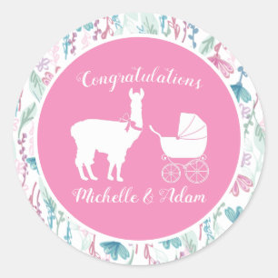 Sticker Rond Baby shower fille Llama rose mignonne