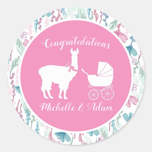 Sticker Rond Baby shower fille Llama rose mignonne (Devant)
