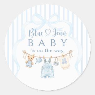 Sticker Rond Baby-Shower Fille ou Garçon Tissu Jean Bleu Modern