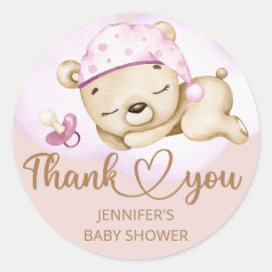 Sticker Rond Baby shower fille ours en peluche