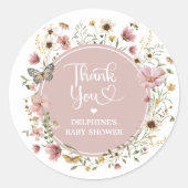 Sticker Rond Baby Shower Fille Papillon Fleur de Mauve Poussiér (Devant)