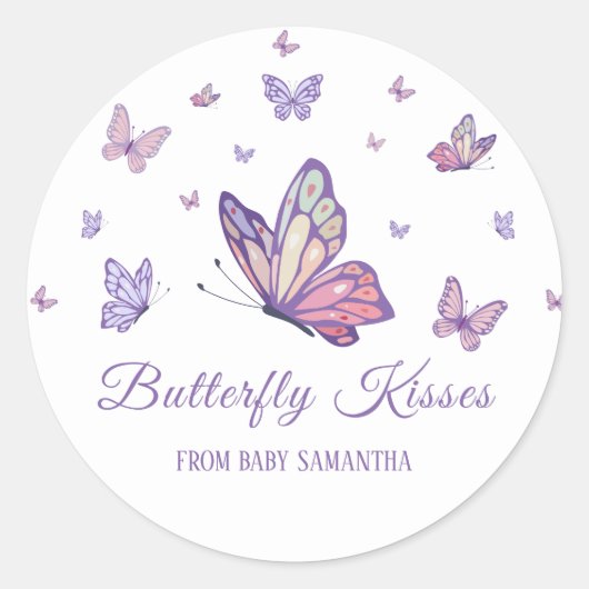 Sticker Rond Baby shower fille papillon violet (Devant)