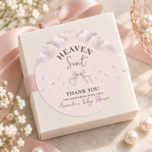 Sticker Rond Baby Shower Fille Perle Nœud Céleste