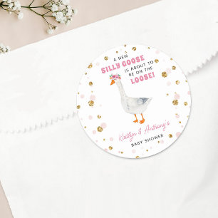 Sticker Rond Baby-Shower Fille Rose Aquarelle Silly Goose