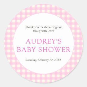 Sticker Rond Baby shower fille rose classique En vichy