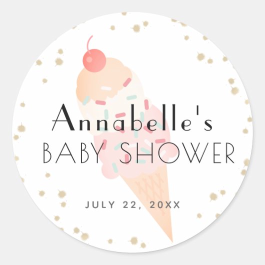 Sticker Rond Baby shower fille rose crème glacée (Devant)