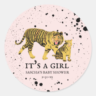 Sticker Rond Baby shower fille rose Tiger Mama
