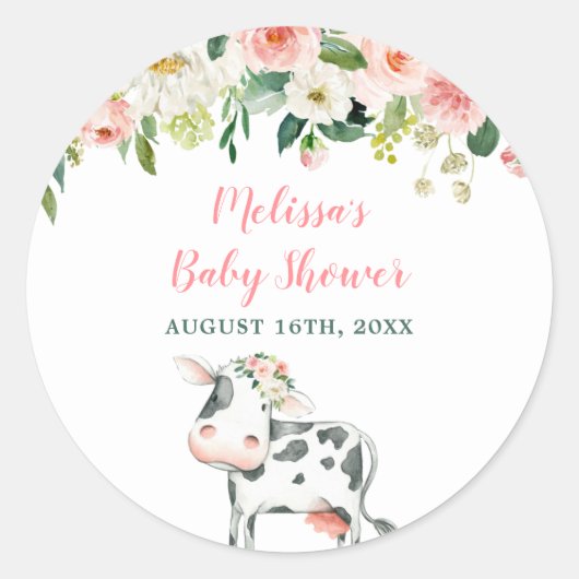 Sticker Rond Baby shower Fille Vache Florale Rose (Devant)