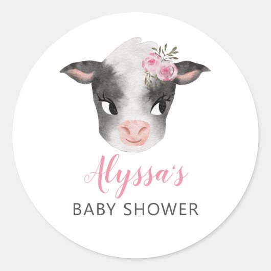 Sticker Rond Baby shower fille vache rose (Devant)
