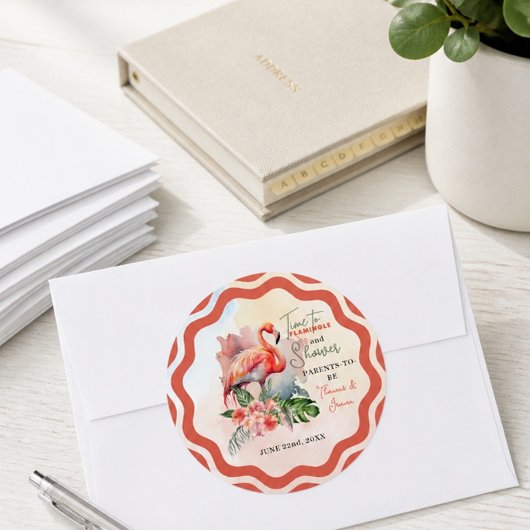 Sticker Rond Baby Shower Flamant Rose