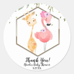 Sticker Rond Baby Shower Flamingo & Giraffe Aquarelle Tropicale