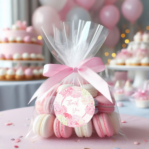 Sticker Rond Baby Shower Fleur de Hortensia Rose Rayure
