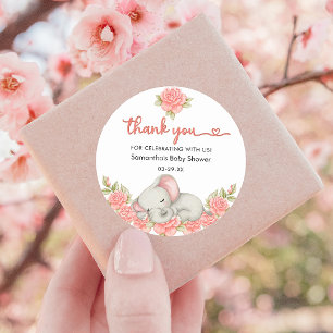 Sticker Rond Baby Shower Fleur Éléphant Rose