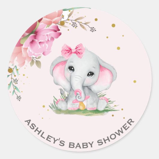 Sticker Rond Baby Shower Fleur Rose Éléphant Mignon (Devant)
