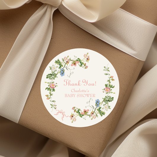 Sticker Rond Baby shower fleur sauvage à cou rose