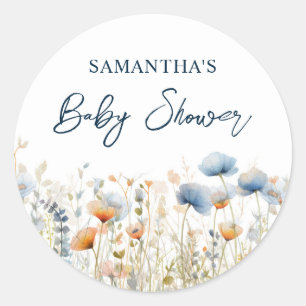Sticker Rond Baby shower Fleur sauvage aquarelle bleu poussiére