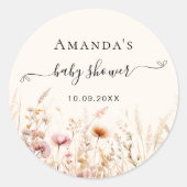 Sticker Rond baby shower fleur sauvage beige rose (Devant)