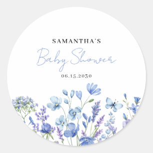 Sticker Rond Baby Shower Fleur Sauvage Bleue Garçon