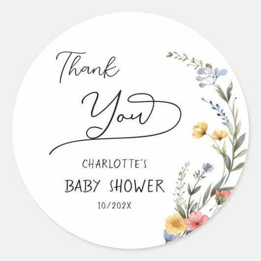 Sticker Rond Baby shower Fleur sauvage couleur aquarelle (Devant)
