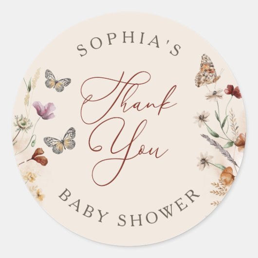 Sticker Rond Baby shower Fleur sauvage floral Boho Merci (Devant)