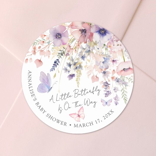 Sticker Rond Baby shower Fleur sauvage papillon
