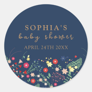 Sticker Rond Baby shower Fleur sauvage simple et élégant Navy B