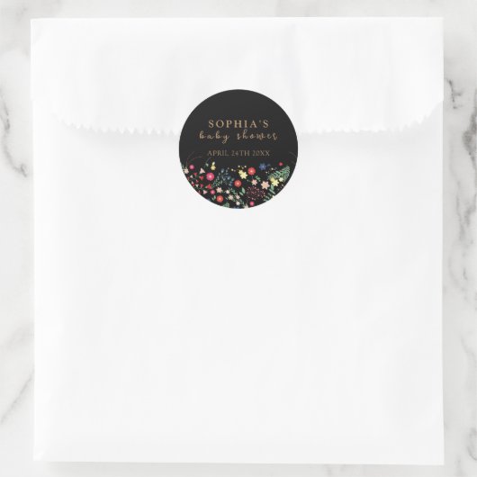 Sticker Rond Baby shower Fleur sauvage simple noir (Sac)